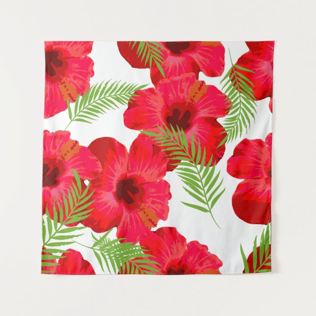 Tapiz Patrón sin foco con flor tropical, hojas de palma (Anverso)