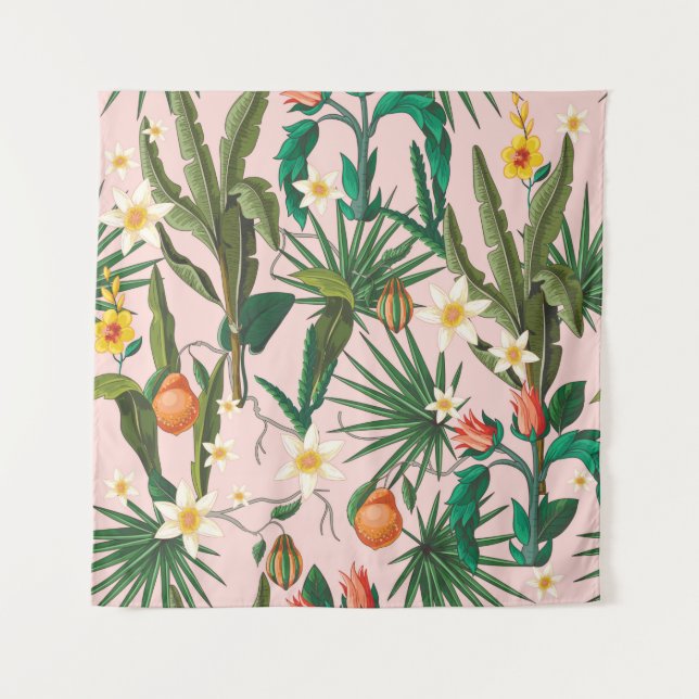 Tapiz Patrón sin foco con hojas tropicales, flores y f (Anverso)