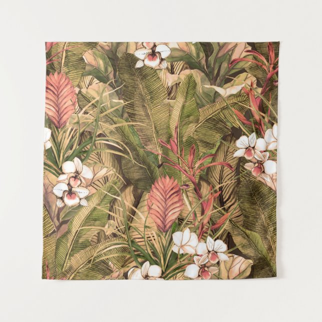 Tapiz Patrón sin foco con hojas y flores tropicales. (Anverso)