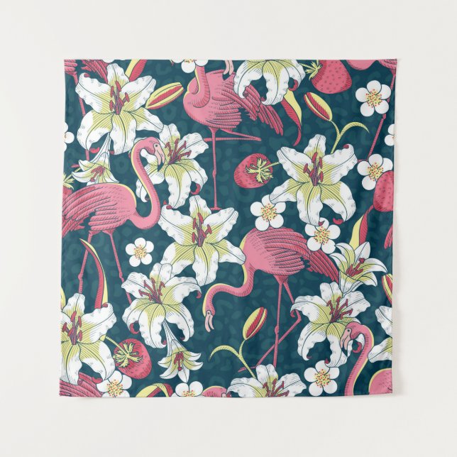 Tapiz Patrón sin soldadura de los flamencos tropicales y (Anverso)