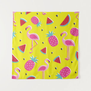 Tapiz  patrón tropical con piña rosa, flamencos, w