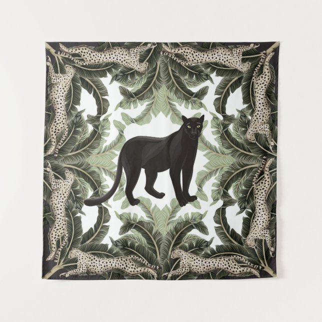 Tapiz Patrón tropical de guepardo de árbol bananero (Anverso)