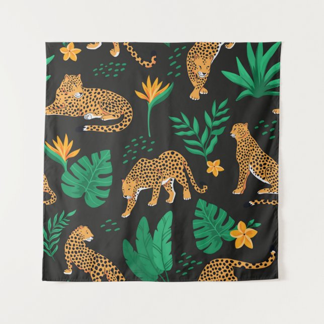 Tapiz Patrón vintage con leopardos y hojas tropicales (Anverso)