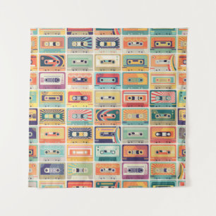 Tapiz Patrón vintage de cintas de cassette retro.