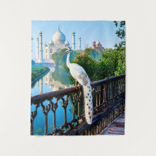 Tapiz Pavo real blanco con vista al Taj Mahal