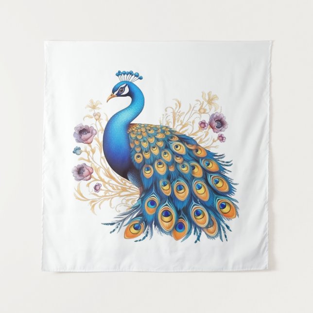 Tapiz Pavo Real con Flores Purpúreas (Anverso)
