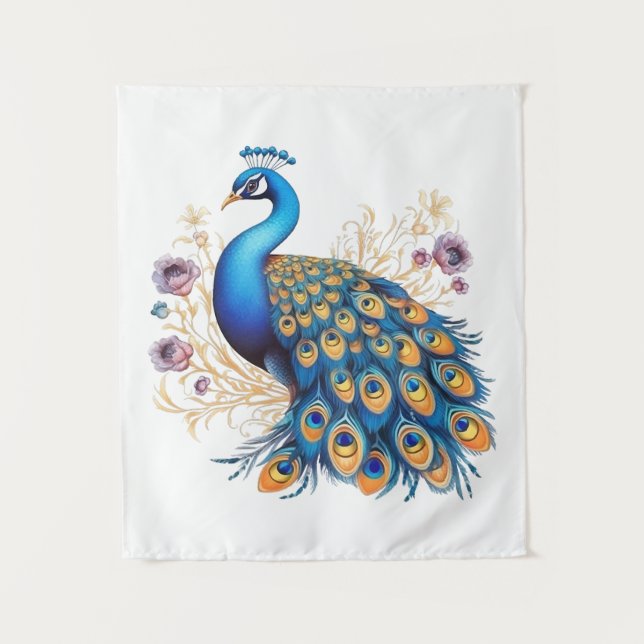 Tapiz Pavo Real con Flores Purpúreas (Anverso)