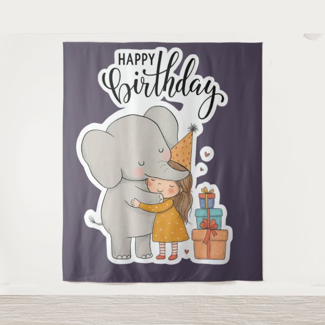 Tapiz Pegatina de cumpleaños de abrazo de elefante adora (Anverso)