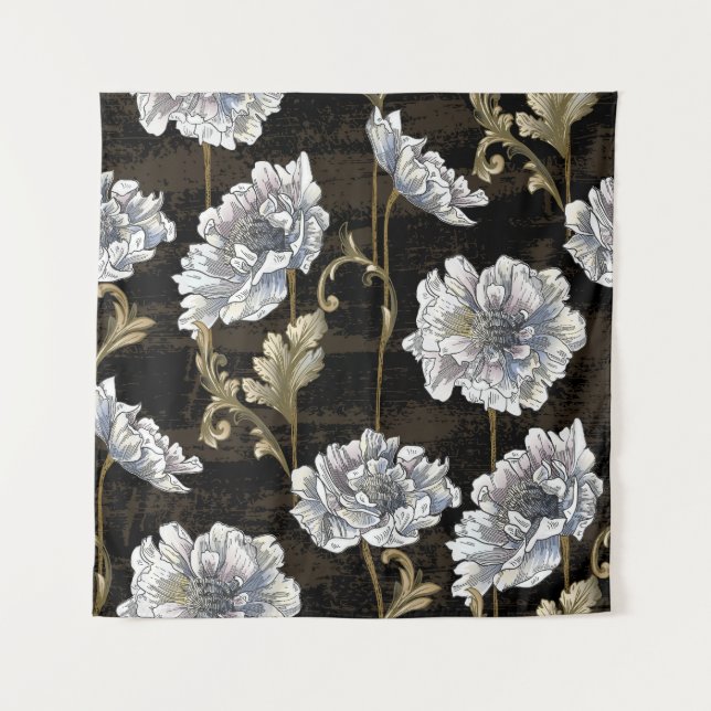 Tapiz Peony Elegance: Barroco Swirls de oro (Anverso)