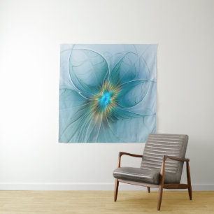 Tapiz Pequeña belleza arte fractal flor azul moderno oro