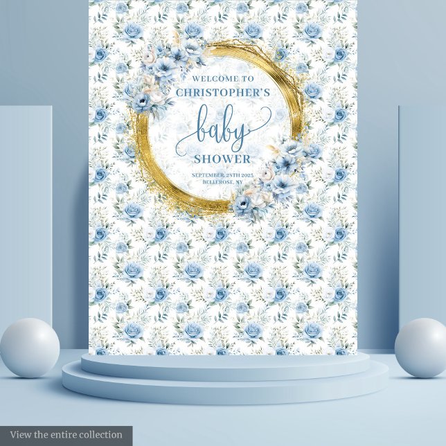 Tapiz Pequeñas flores azules pastel shower para bebé niñ (Little pastel blue flowers gold boy baby shower Tapestry)