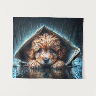 Tapiz Pequeño perro lindo en el día de la lluvia con ojo