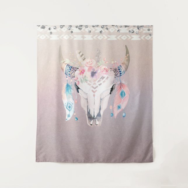 Tapiz Perla Iridescente Boho Chic Calavera Glam Floral C (Anverso)