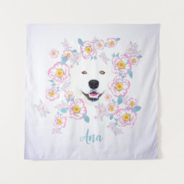 Tapiz Perro Samoyed y flores rosadas, nombre personaliza