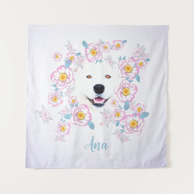 Tapiz Perro Samoyed y flores rosadas, nombre personaliza (Anverso)