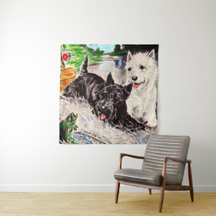 Tapiz Perros Scottie Blackie y Whitie pescando