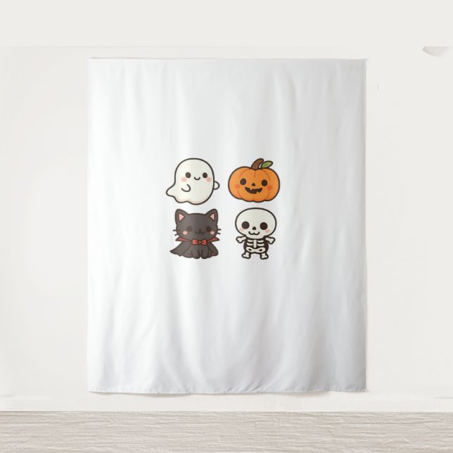 Tapiz Personajes de Halloween - Fantasma, Calabaza, Gato (Anverso)
