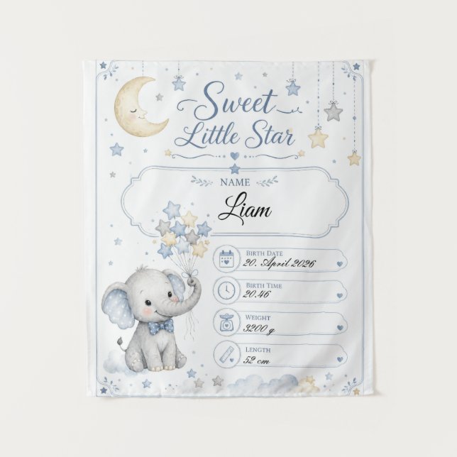 Tapiz Personalisierbare Baby Geburtstafel mit Elefant  (Anverso)