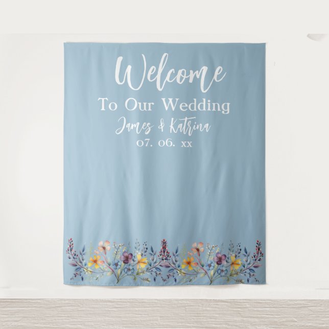 Tapiz Personalizable Elegante Boda azul turbio (Anverso)