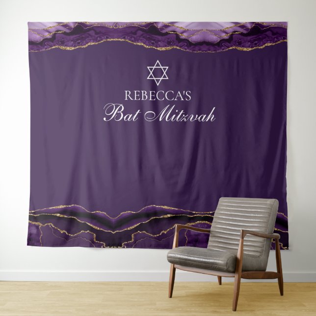 Tapiz Personalizado Bat Mitzvah Fiesta Purple Gold Photo (In situ (horizontal))