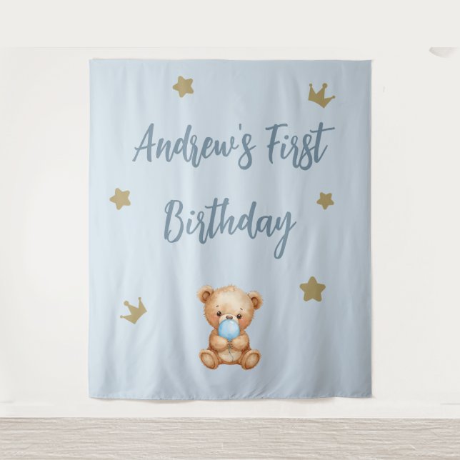 Tapiz Personalizado Blue Teddy Bear Birday Backday (Anverso)