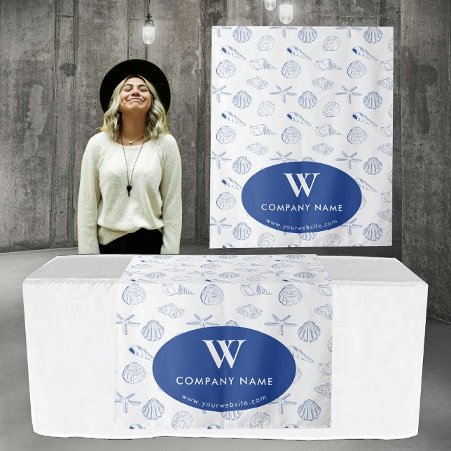 Tapiz Personalizado Business Table Runner Banner Blue Se (Custom Business Table Runner Banner Blue Seashells Tapestry)