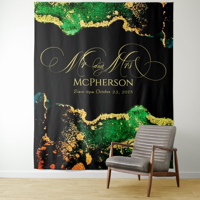 Tapiz Personalizado caligrafía de oro foto de Boda negro (In situ)