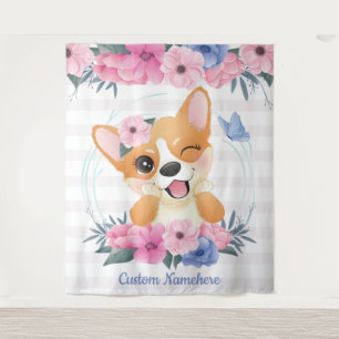 Tapiz Personalizado Cute Corgi Dog Flower Wreath Blue Bu