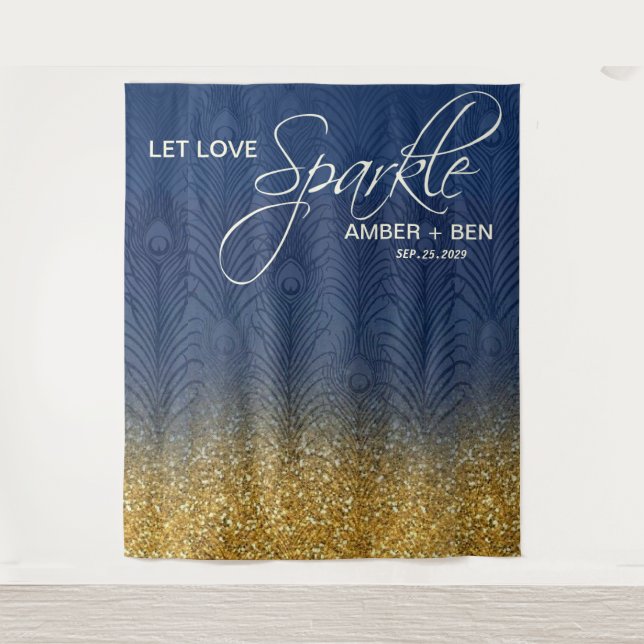 Tapiz Personalizado de Boda Peacock Purpurina de Navy Bl (Anverso)