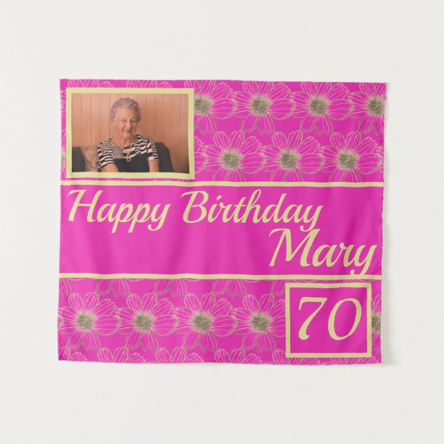 Tapiz Personalizado de diseño floral de fiesta de cumple (Anverso (horizontal))