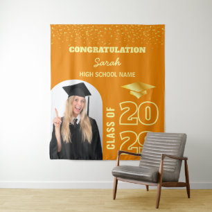 Tapiz Personalizado de naranja y Oro de Graduación Fondo