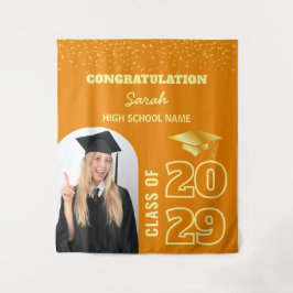 Tapiz Personalizado de naranja y Oro de Graduación Fondo
