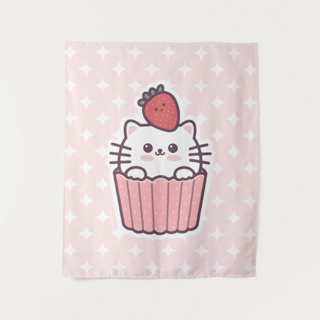 Tapiz Personalizado de tarta de gatos de fresa de Kawaii (Anverso)