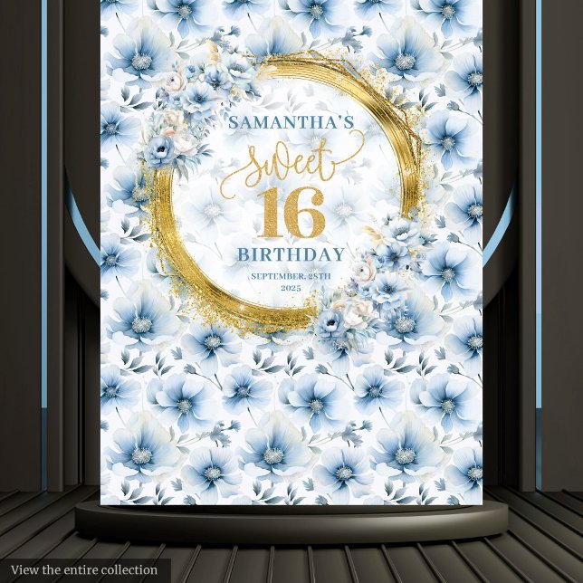 Tapiz Personalizado Dusty Blue Cumpleaños Dieciséis Bril (Personalized Dusty Blue Sweet Sixteen Gold Glitter Tapestry)