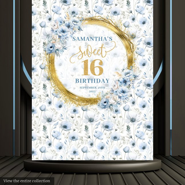 Tapiz Personalizado Dusty Blue Sweet 16 Fiesta Purpurina (Custom Dusty Blue Sweet 16 Gold Glitter Party Sign Tapestry)