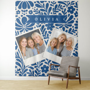 Tapiz Personalizado Floral Folclórico Azul Nórdico