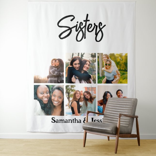 Tapiz Personalizado Hermanas Script 6 Collage de fotos (In situ)