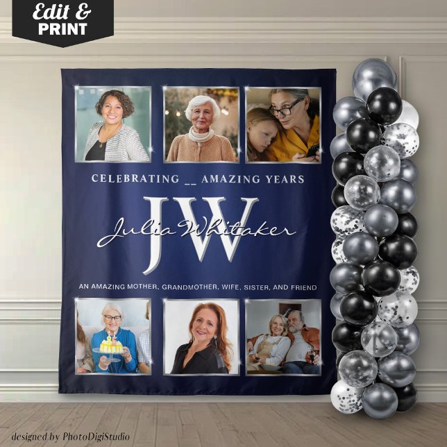 Tapiz Personalizado Iniciales Banner de cumpleaños Plata (Custom Initials Birthday Banner Blue Silver Tapestry)