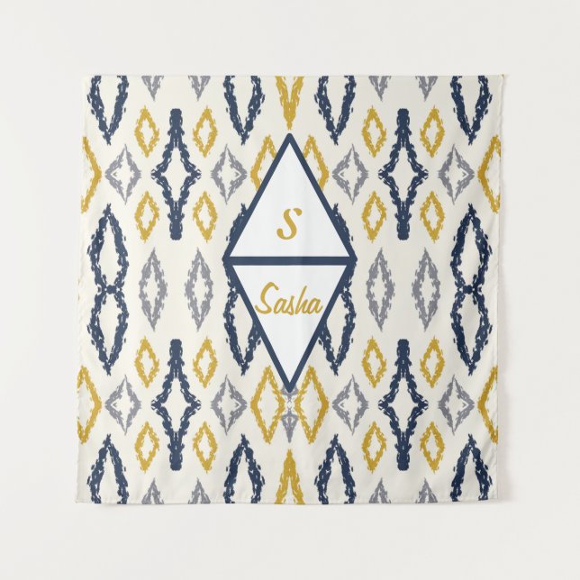 Tapiz Personalizado marroquí Ikat Blue Yellow White (Anverso)