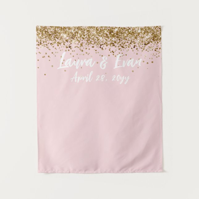 Tapiz Personalizado Rubor Gold y White Boda Photo Booth  (Anverso)