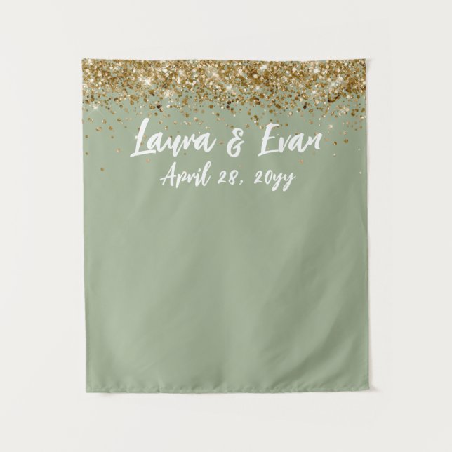 Tapiz Personalizado Sage Green Gold Boda Photo Prooth (Anverso)