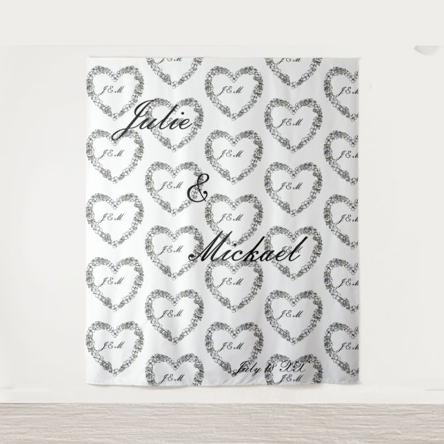 Tapiz Personalize Wedding Backdrop Black and White Heart (Anverso)