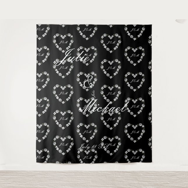 Tapiz Personalize Wedding Backdrop Black and White Heart (Anverso)
