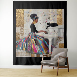 Tapiz Pianista negra con lámina de oro y gato