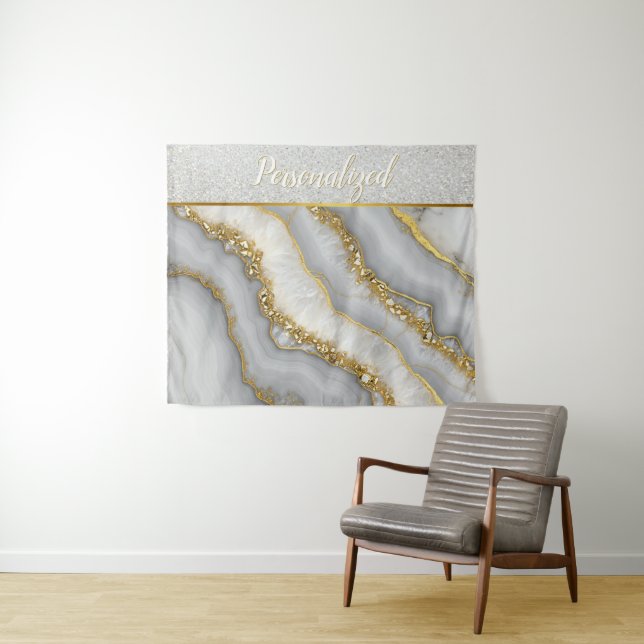 Tapiz Piedra lunar líquida blanca y dorada personalizada (In situ (horizontal))