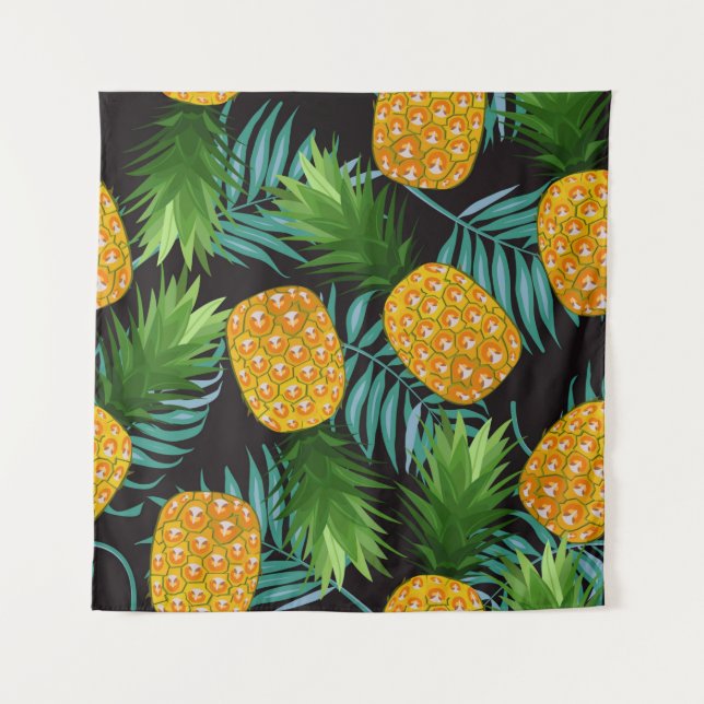 Tapiz Pineapple seamless pattern with palm leaves on bla (Anverso)