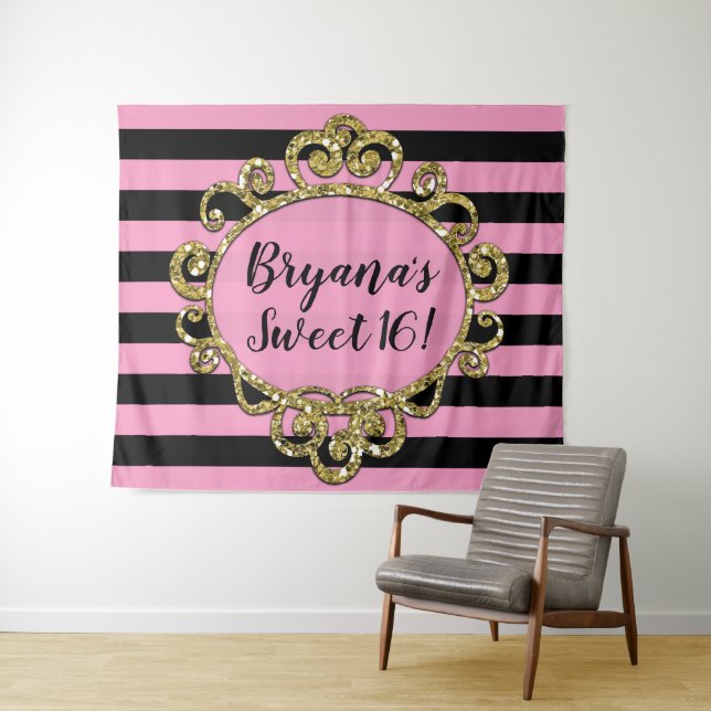 Tapiz Pink Black & Gold Striped Birday Party Backdrop (In situ (horizontal))