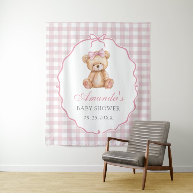 Tapiz Pink Bow Gingham Teddy Bear Baby Shower (In situ)