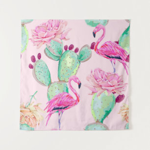 Tapiz Pink flamingo, exotic birds, gentle flowers, rose,