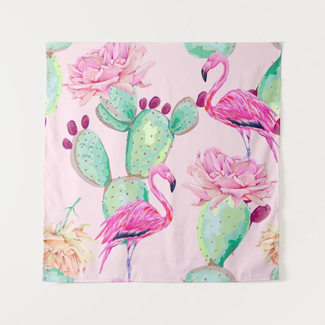 Tapiz Pink flamingo, exotic birds, gentle flowers, rose, (Anverso)